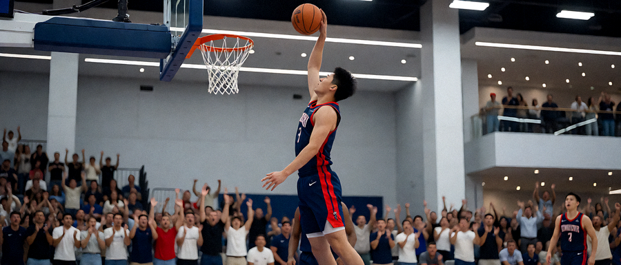 NBA季前赛比赛中球员飞身暴扣,球馆内观众沸腾,篮球在空中划过完美弧线