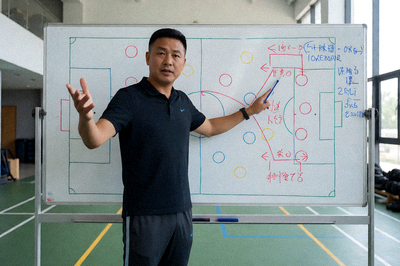 足球教练在战术板前讲解球队阵型和进攻战术布置方案